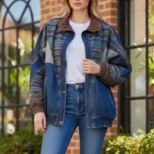 Vintage Atease Oversized Denim Bomber Jacket Aztec 80s 90s Slouchy Sz M Jean